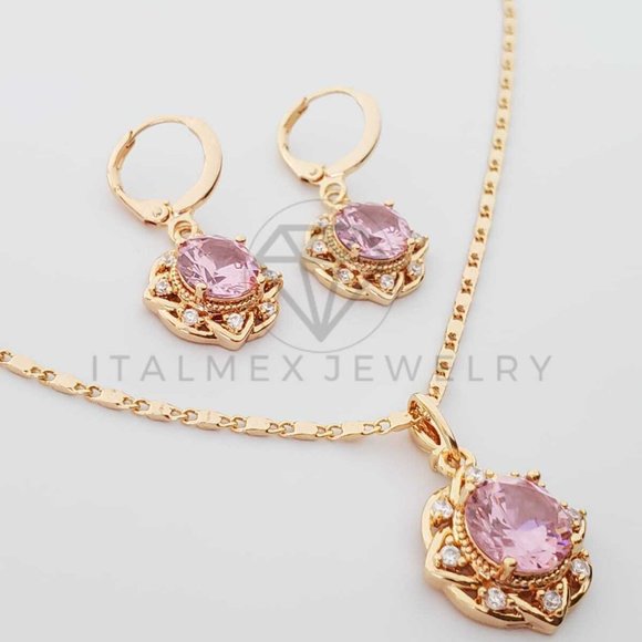 18K Gold Plated Flower Pink CZ Set - Picture 7 of 8